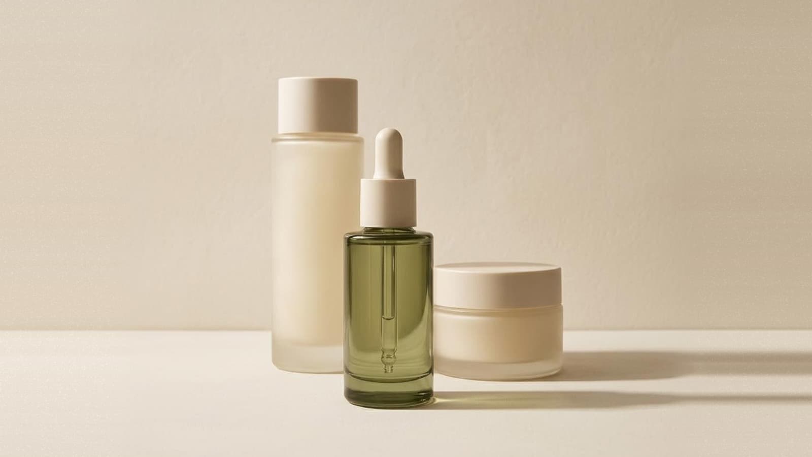 One finished skincare product with two more forming behind it, suggesting a line.